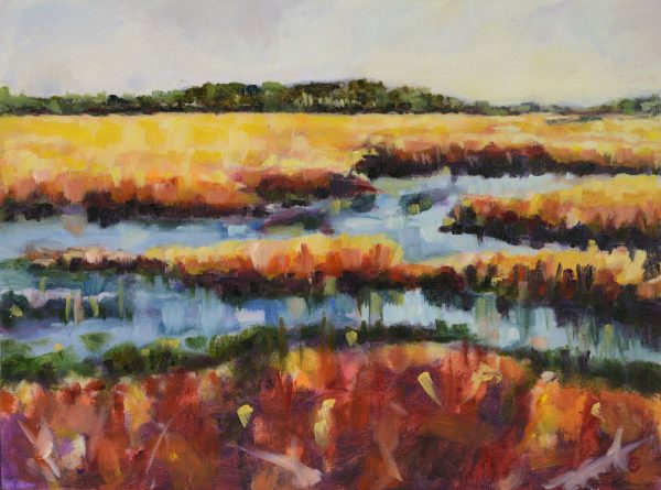 a photograph of an oil painting title 'Hen Reedbeds' by artist Catherine Coulson © 2015 Catherine Coulson