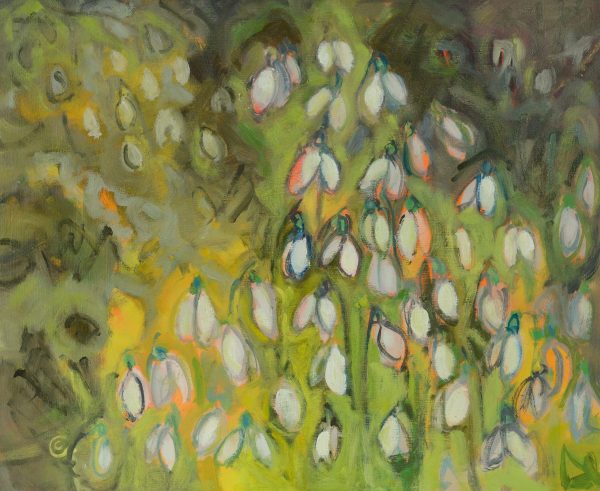 a photograph of an oil painting title 'Snowdrops' by artist Catherine Coulson © 2018 Catherine Coulson