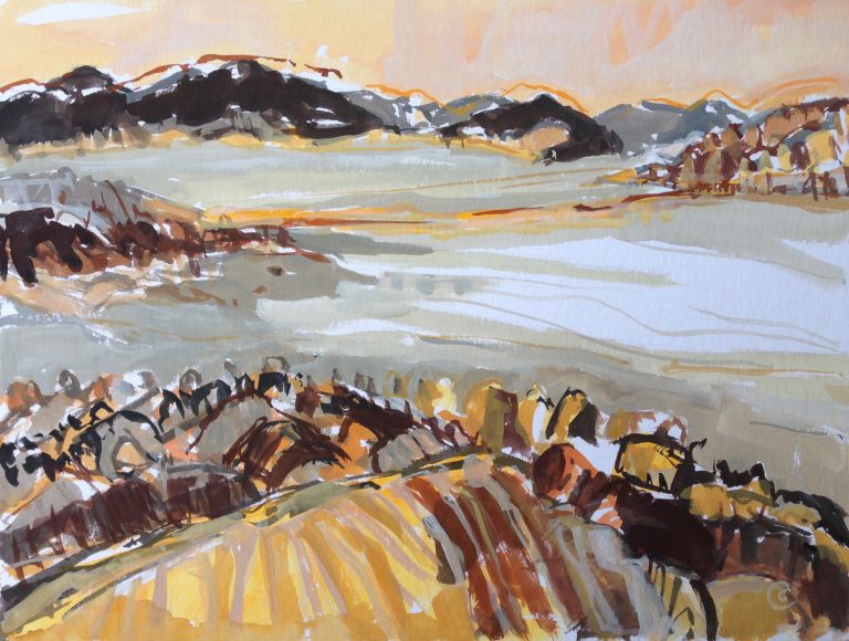 a photograph of a gouache painting title 'Across the Causeway' by artist Catherine Coulson © 2019 Catherine Coulson