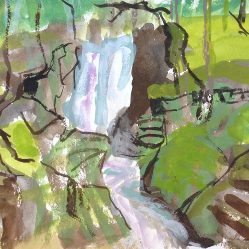 a photograph of a gouache painting title 'Cordorcan Falls, Wood of Cree' by artist Catherine Coulson © 2019 Catherine Coulson