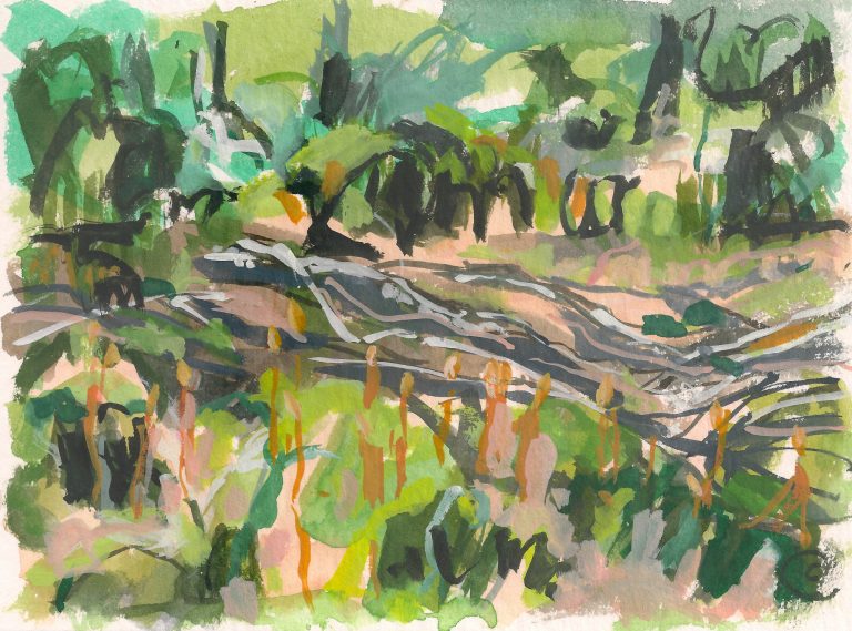 a photograph of a gouache painting title 'Moss and Sticks' by artist Catherine Coulson © 2019 Catherine Coulson