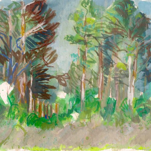 a photograph of a gouache painting title 'Scots Pines, Bog Edge, Kirkconnell Flow' by artist Catherine Coulson © 2019 Catherine Coulson