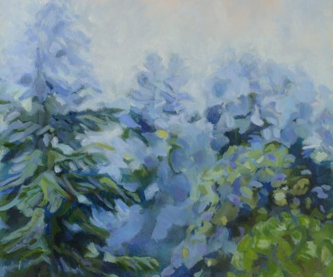 a photograph of an oil painting title 'Orchard Mist Morning' by artist Catherine Coulson © 2017 Catherine Coulson