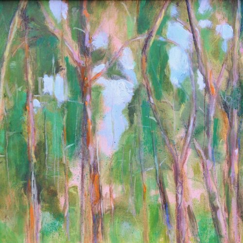 a photograph of an oil painting title 'Treetops, Carstramon Wood' by artist Catherine Coulson © 2018 Catherine Coulson