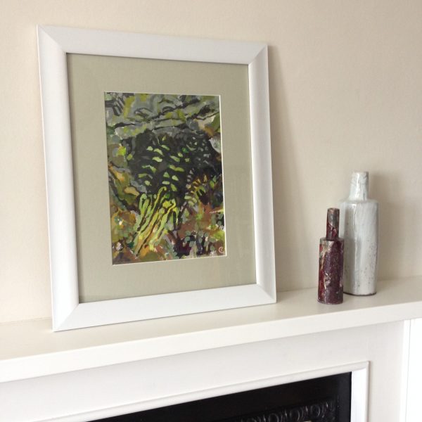 a photograph of a framed acrylic painting on a mantelpiece title 'Wall Ferns' by artist Catherine Coulson © 2019 Catherine Coulson