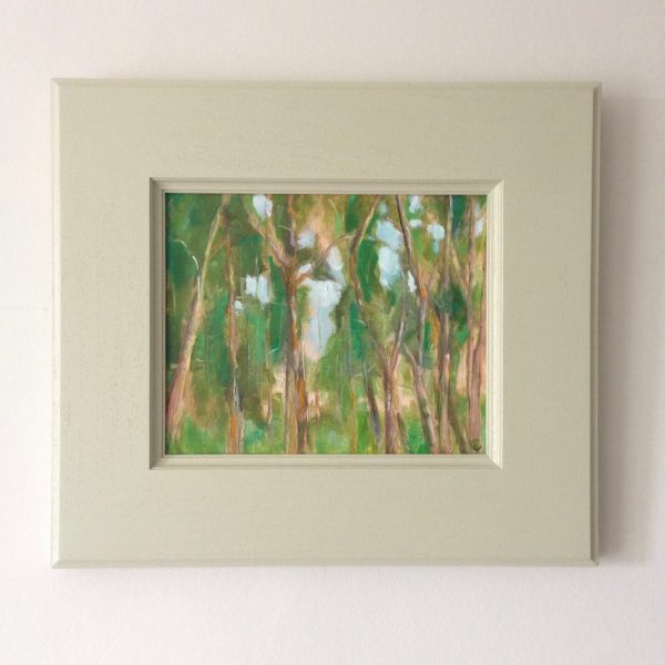 a photograph of a framed painting by artist Catherine Coulson title 'Treetops, Carstramon Wood' © 2018 Catherine Coulson