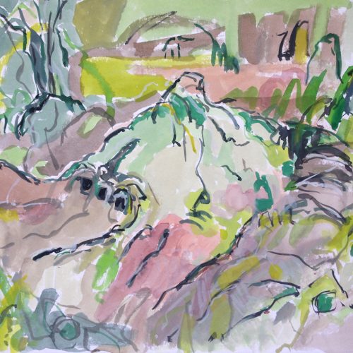 a photograph of a gouache painting title 'Sphagnum Mound, Kirkconnell Flow' by artist Catherine Coulson © 2019 Catherine Coulson