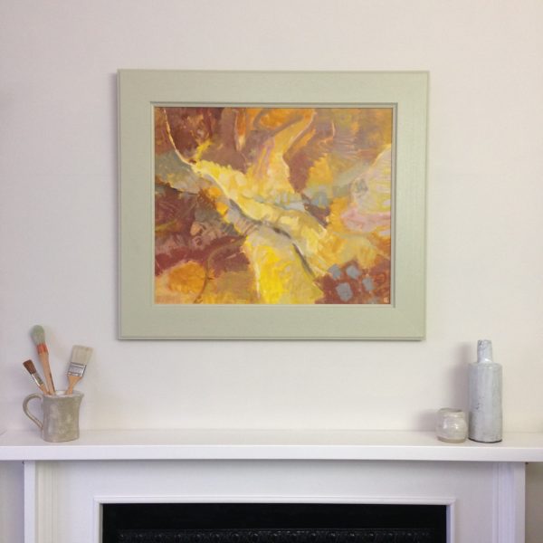 a photograph of an oil painting title 'Sphagnum and Peat' on a mantelpiece by Catherine Coulson © 2020 Catherine Coulson catcoulson.art
