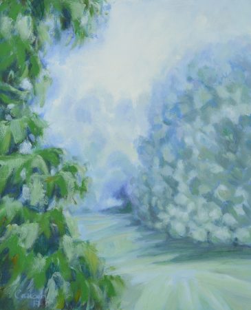 a photograph of an oil painting title 'Orchard Mist Morning' by artist Catherine Coulson © 2018 Catherine Coulson