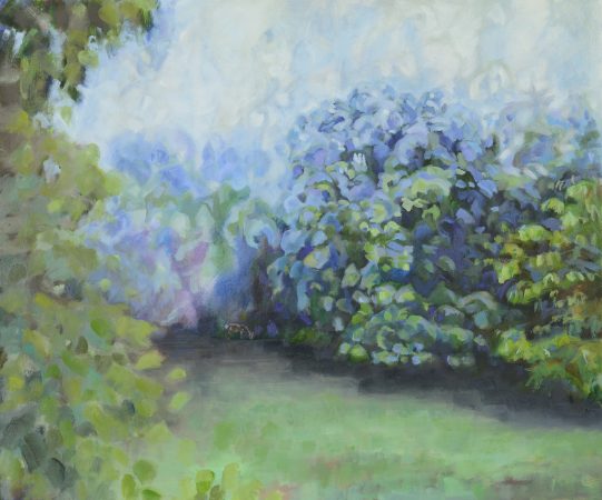 a photograph of an oil painting title 'Orchard Mist, Towards the Ash Tree' by artist Catherine Coulson © 2018 Catherine Coulson