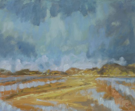 a photograph of an oil painting title 'Rough Island Causeway, towards Kippford' by artist Catherine Coulson © 2018 Catherine Coulson